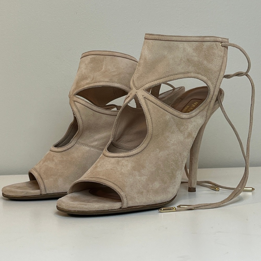 Aquazzura Sexy Thing Tan Suede Cutout Lace Up Stiletto Sandals Heels 39.5